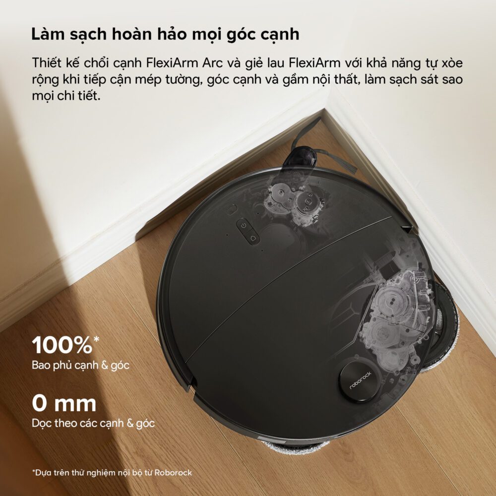 Roborock Qrevo Edge 2 FlexiArm làm sạch sát tường và góc cạnh