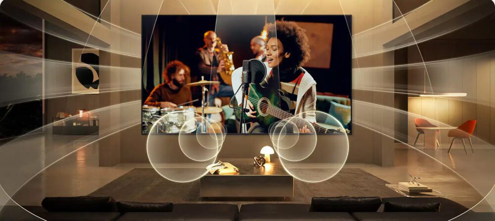 tv lg mini rgb kết hợp với soundbar cho âm thanh bao trùm