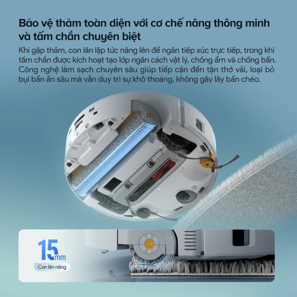 Roborock Qrevo Curv 2 Flow nâng con lăn 15mm khi gặp thảm