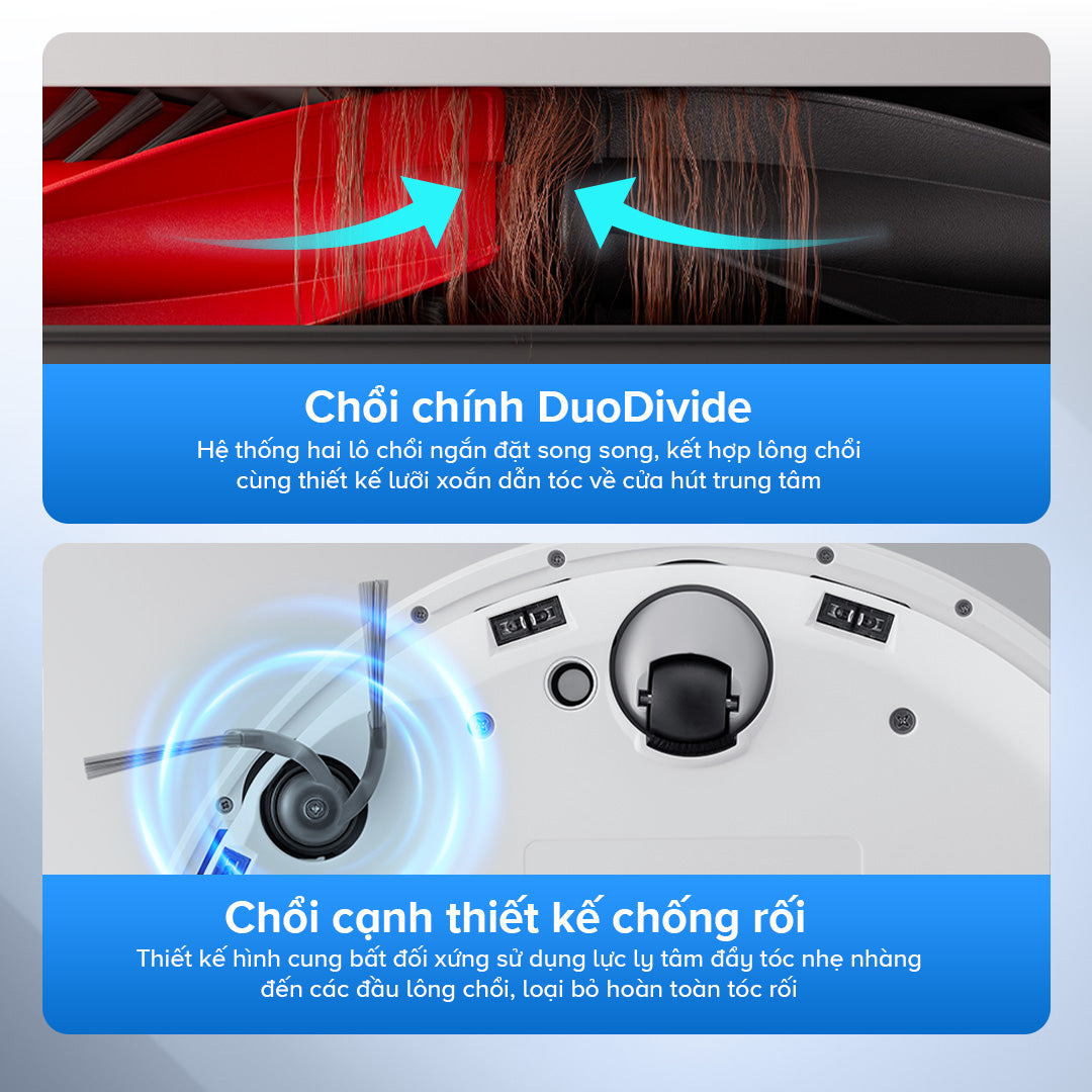 chổi chính đuoivide và chổi cạnh thiết kế chống rối