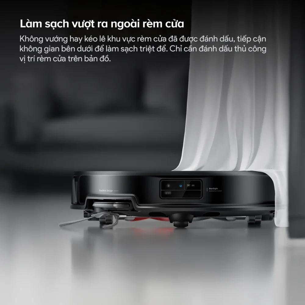 Roborock Saros 20 làm sạch khu vực phía sau rèm cửa