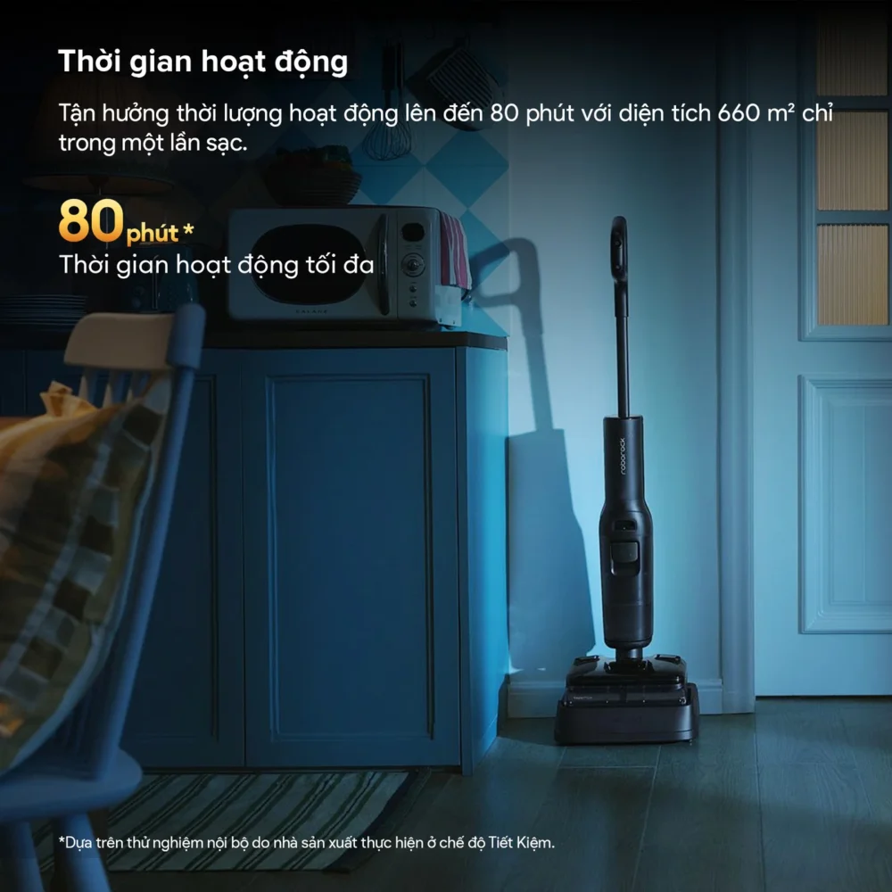 thời gian hoạt động của roborock f25 steam lên đến 80 phút