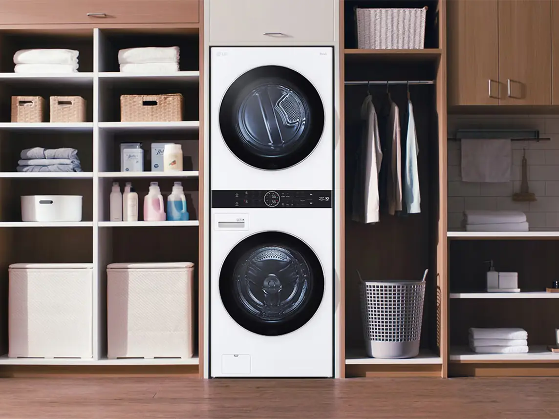 Tháp giặt sấy trong không gian chăm sóc quần áo